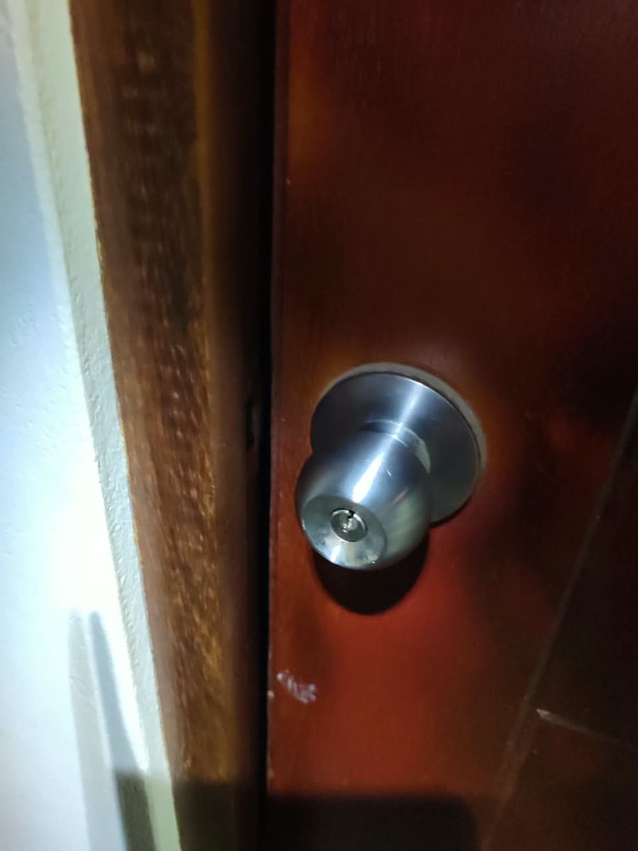 Pomo de acero en puerta de madera de departamento